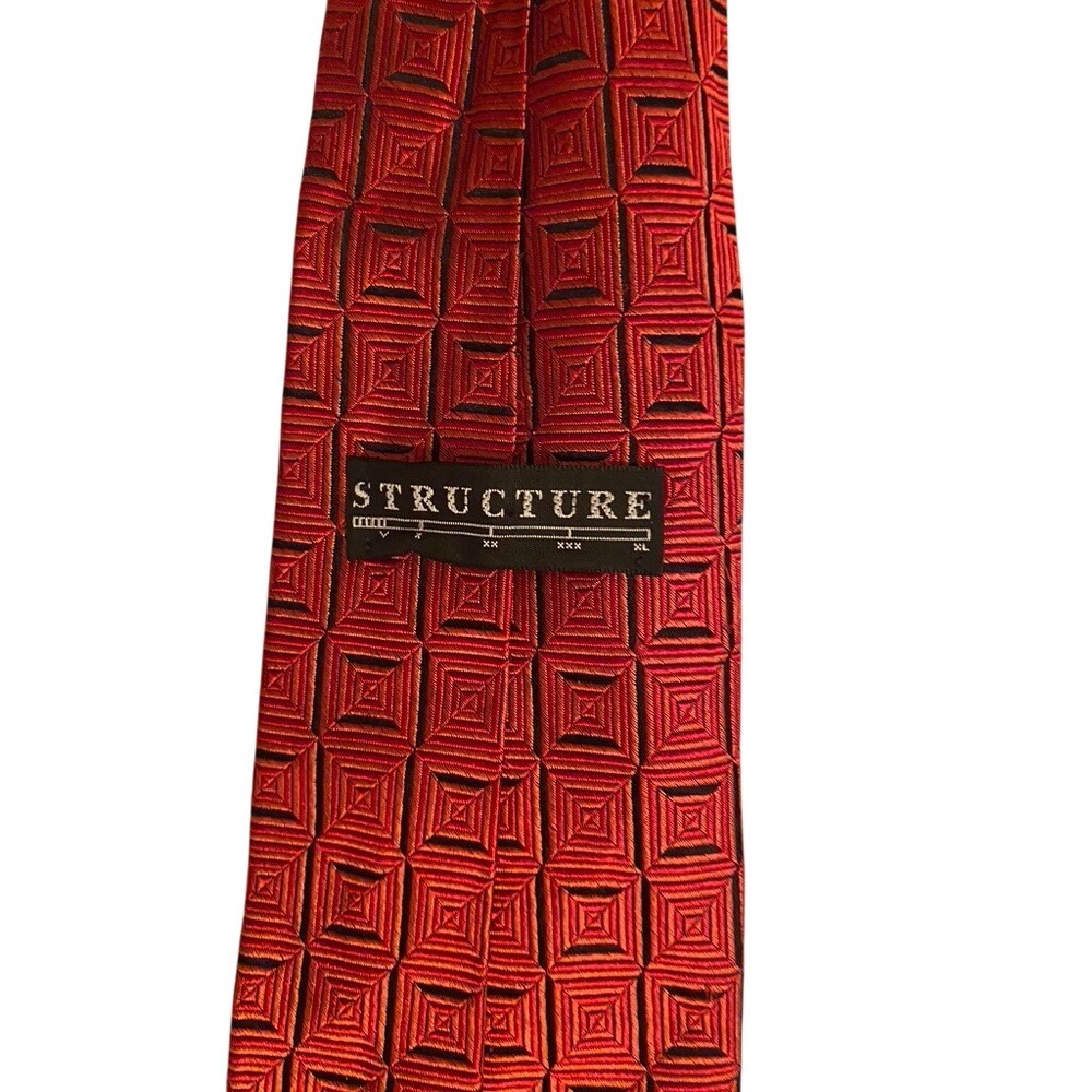 Structure Mens Silk Tie Red Black Geometric Square Pattern Made in USA Necktie
